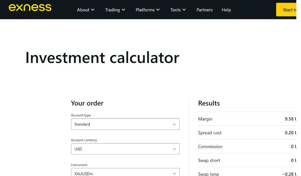 Interface of pip calculator Exness