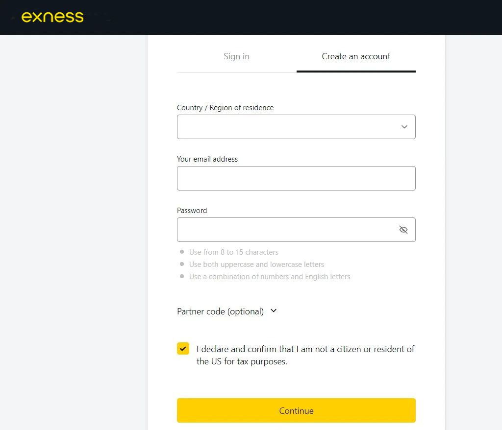 Sign up for an Exness account